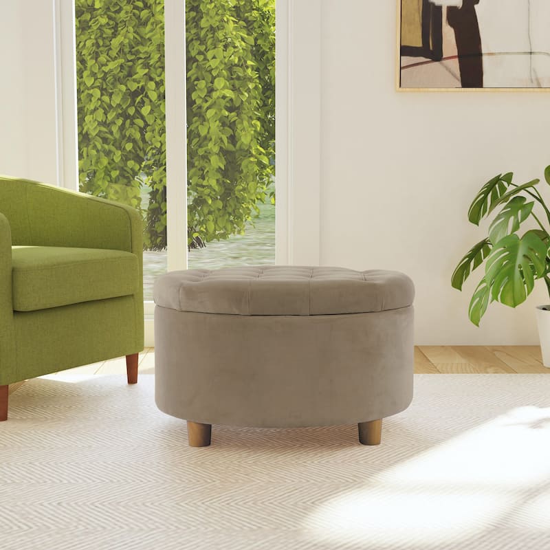 HomePop Button Tufted Round Storage Ottoman - Fawn Velvet