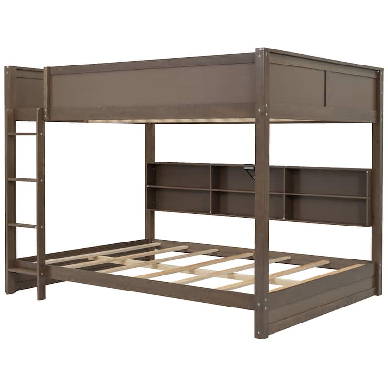 Brown Queen over Queen Solid Wood Bunk Bed with Storage and USB