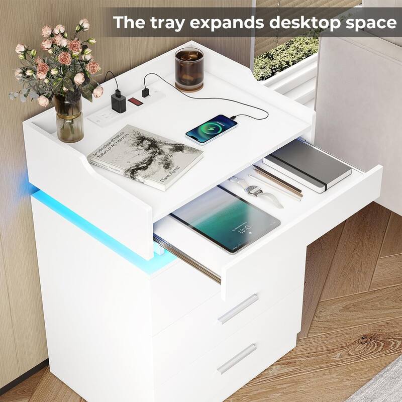 Nightstand with Charging Station and LED Lights 3 Drawers