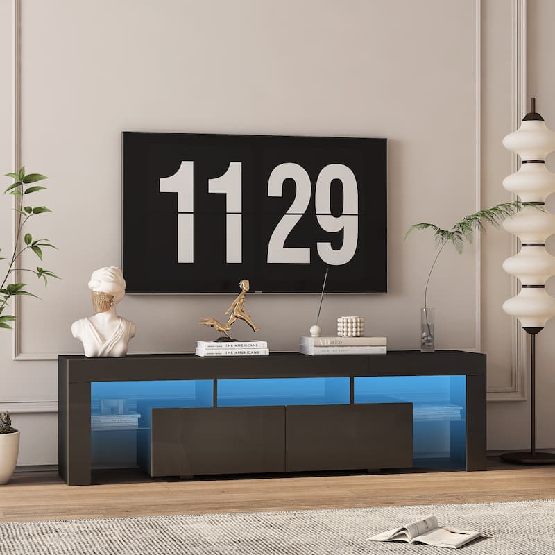High gloss TV Stand with LED Lights for TVs up to 65'', Modern TV Console with Storage Cabinets for Living Room