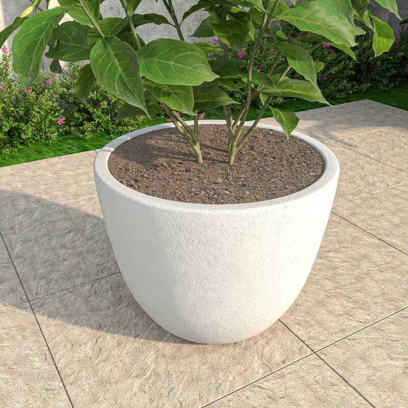 Dahlia Tapered Round Planter Pot in Fiberstone MGO Clay with Drainage for Indoor Outdoor Patio Balcony, Garden, or Living Room - Large - White