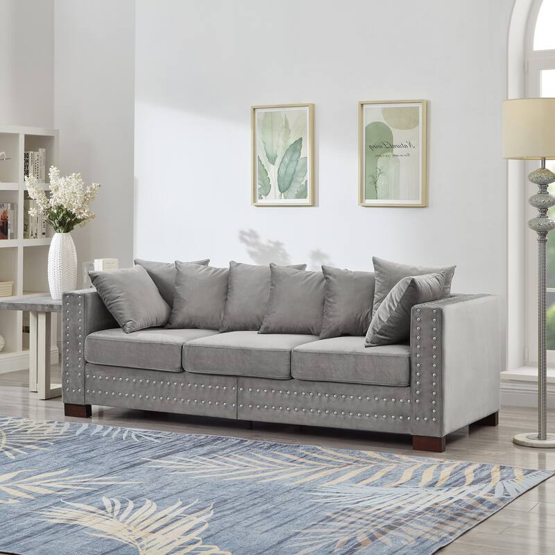 Modern Living Room Sofa with Square Armrest & Silver Nails Decoration