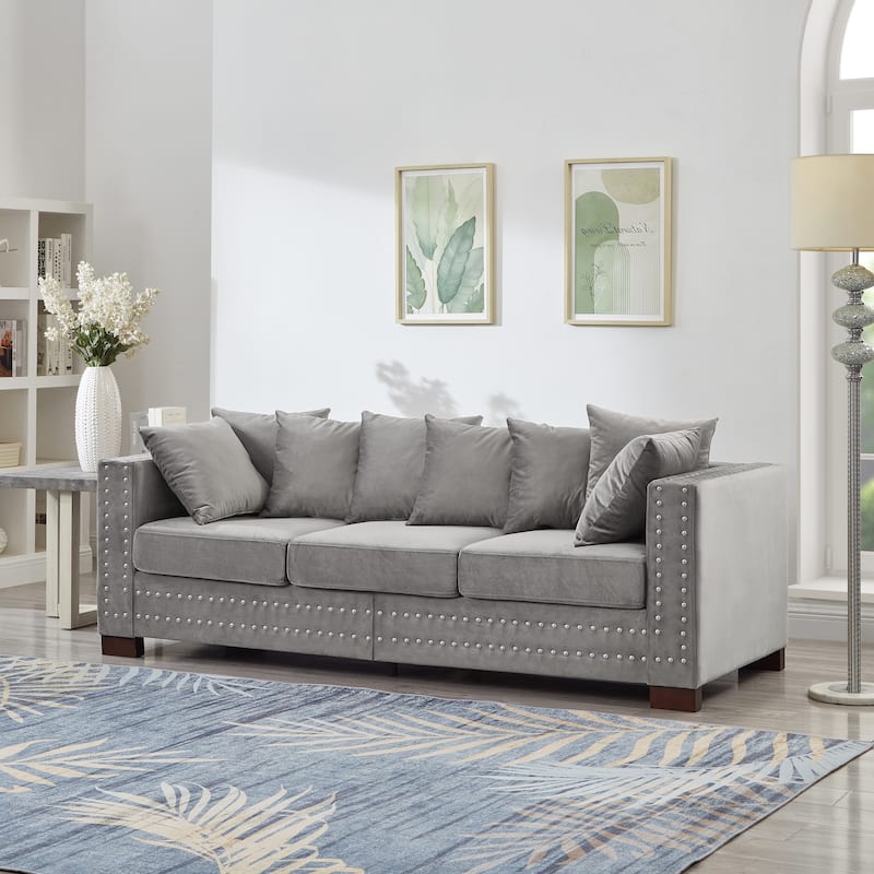 Roomfitters Modern Velvet Sofa with Square Armrests, Upholstered Couch with Silver Nailhead Trim for Living Room