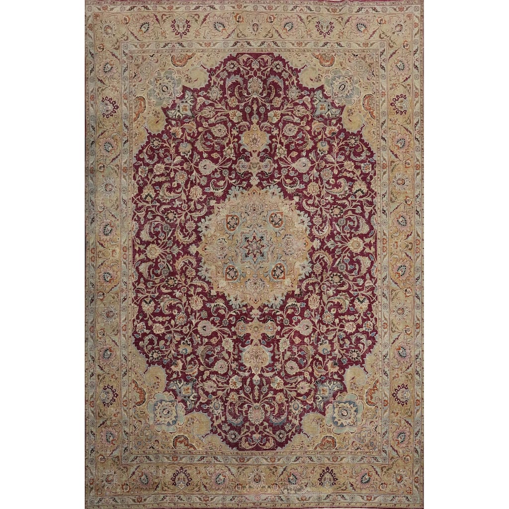 Hand Knotted Oriental 100% Wool Carpet Traditional Floral Red Kashan Area Rug - 12' 9'' X 9' 7''