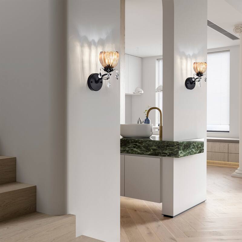Aubrie Black Finish Wall Sconce with Crystal Flower Shade and Teardrop Pendants