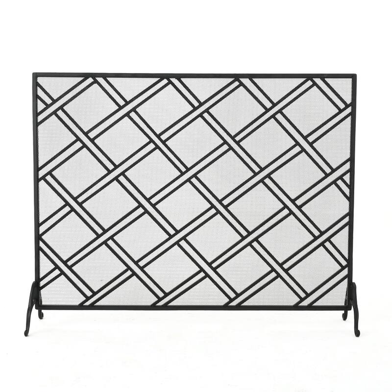 Roomfitters Single Panel Iron Fireplace Screen, Modern Diagonal Lattice Geometric Spark Guard for Hearth Safety, Mesh, Black