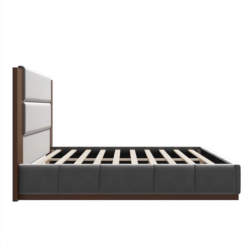 Velvet Upholstered Platform Bed Frame with 49" High Headboard, Stable Solid Wood Base, Wooden Slat Support, Noise-Free Structure