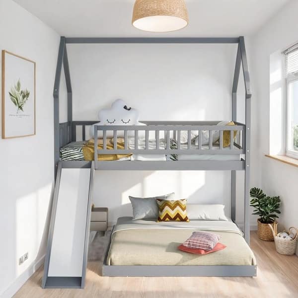 slide 2 of 24, Twin over Full House Bunk Bed with Slide and Built-in Ladder, Full-Length Guardrail, Sturdy Construction & Unique Design Grey