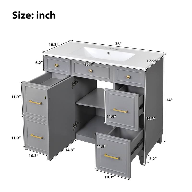 36 Inch Freestanding Bathroom Vanity with Sink, Soft Close Doors, Adjustable Shelves & Double-Depth Drawer