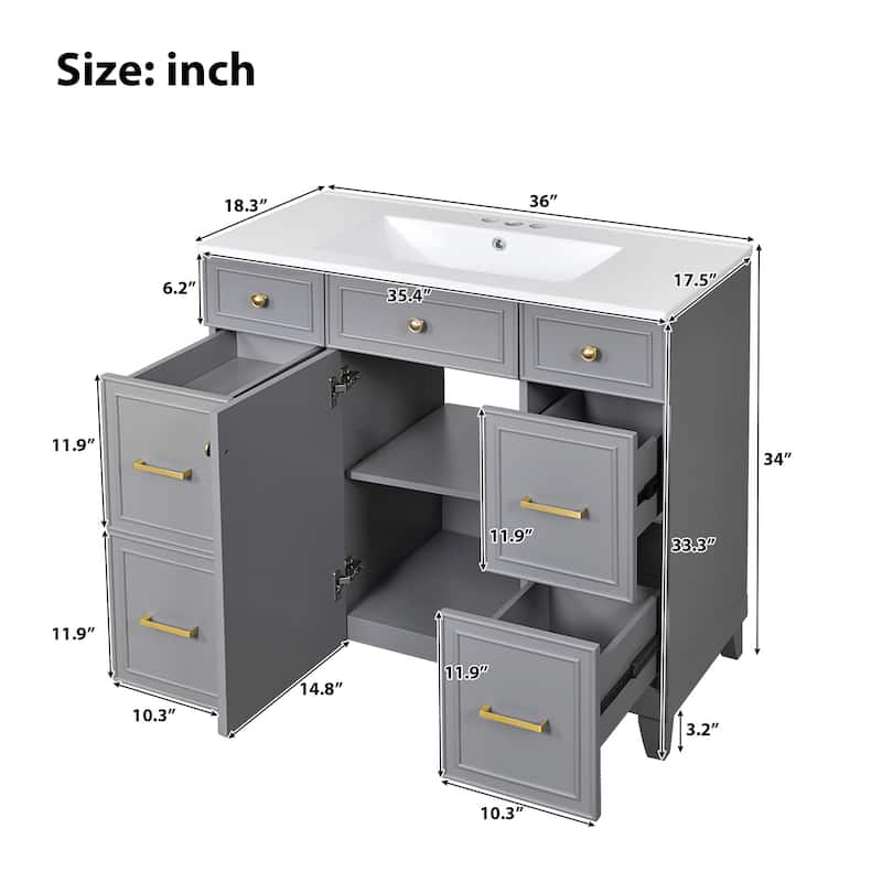 Roomfitters 36" Bathroom Vanity with Ceramic Sink, Solid Wood Frame, Soft Close Doors and 3 Drawers