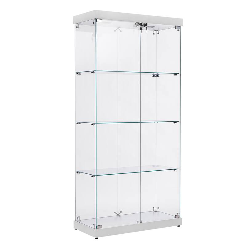 4-Tier Double Glass Door Display Bookshelf with Two Locks and 2 Lamp