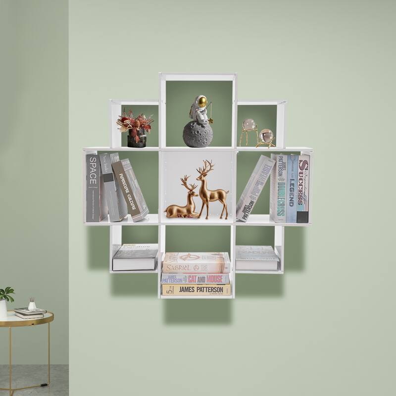 Modern PVC Board Bookcase with 9 Compartments Wall Mounted - White