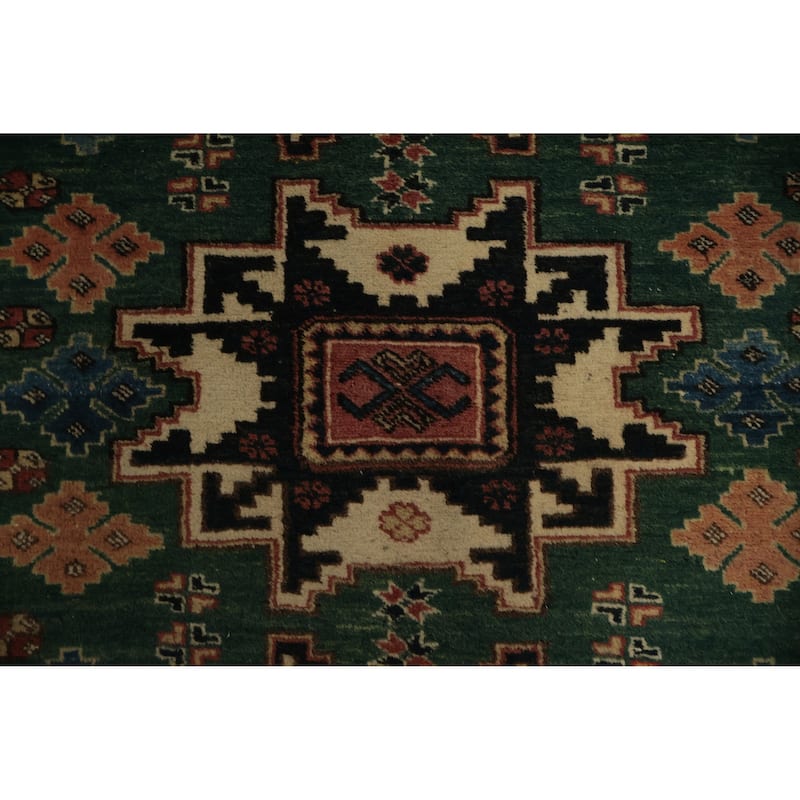 Hand Knotted Oriental 100% Wool Carpet Traditional Geometric Green Super Kazak Runner Rug - 9' 8'' X 2' 9''