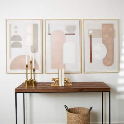 Pink Canvas Mid Century Modern Geometric Abstract Framed Wall Art with Brown Accents (Set of 3)