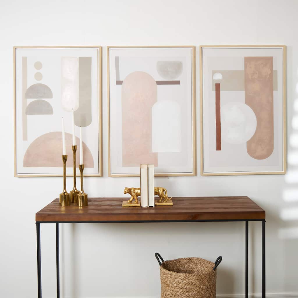 Pink Canvas Mid Century Modern Geometric Abstract Framed Wall Art with Brown Accents (Set of 3)
