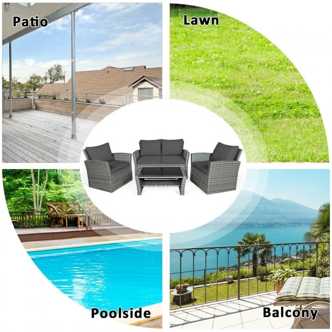 4 Pieces Patio Rattan Furniture Set Sofa Table with Storage Shelf Cushion - 48.5" x 26.5" x 30" (L x W x H)