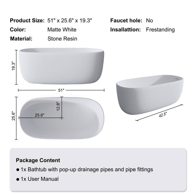 Solid Surface Freestanding Soaking Bathtub with Center Drain and Pop-up Drain, Modern Tubs with Overflow