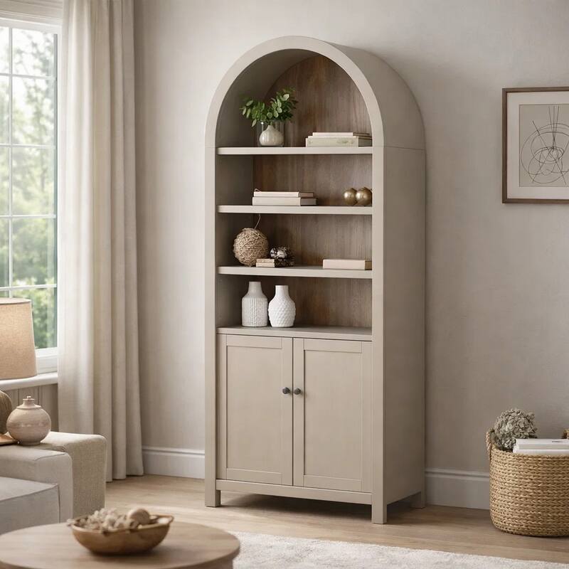 Xeny Arched Display Cabinet, 3 Shelves w 2 Doors, Light Gray Mahogany