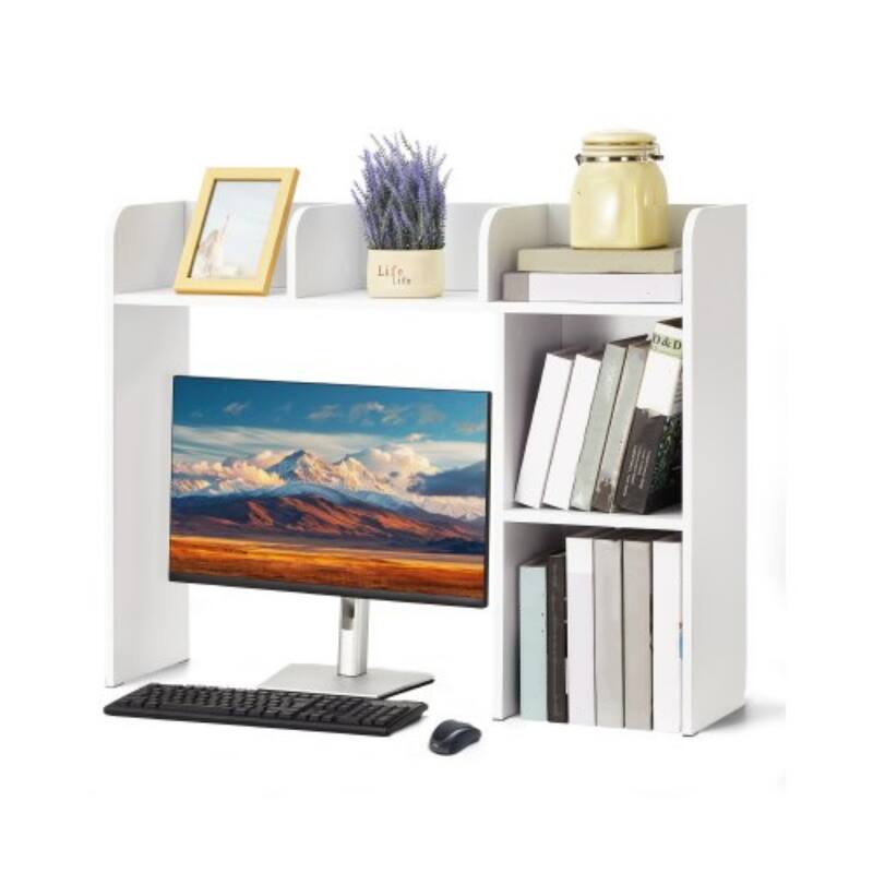 White Particle Board Desktop Bookshelf, 2 Shelves, Anti-Tip Design - 37.2" L x 9.5" W x 28.9" H