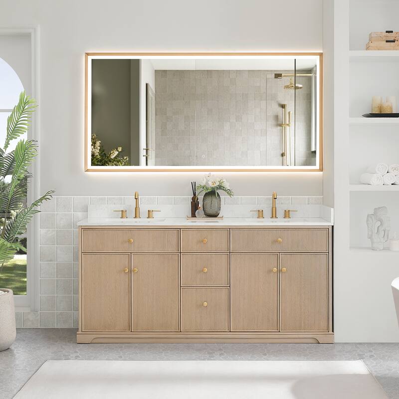 Barnett Bathroom Vanity in Natural Oak with Grain White Engineered Stone Countertop No Mirror - 72"x34"