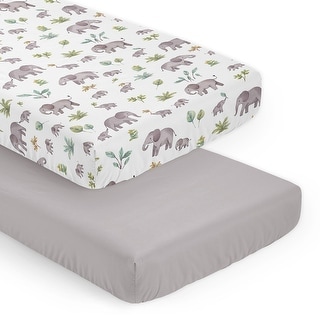 Sweet Jojo Designs Watercolor Elephants Boy Girl Gender Neutral 2 Pack Fitted Crib Sheets Solid Grey and Green Jungle Palm Trees