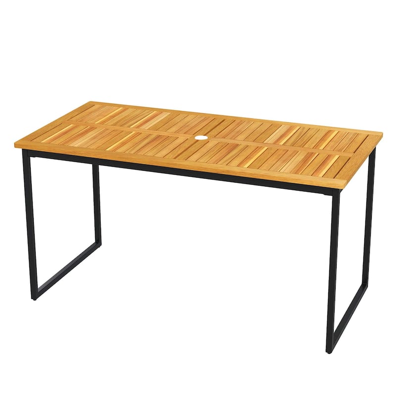 Outdoor Dining Table w/Acacia Wood Tabletop Patio Dining Furniture - Natural + Black