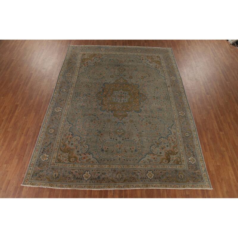 Distressed Tabriz Vintage Persian Rug Hand-Knotted Grey Wool Carpet - 9'11" x 12'10"