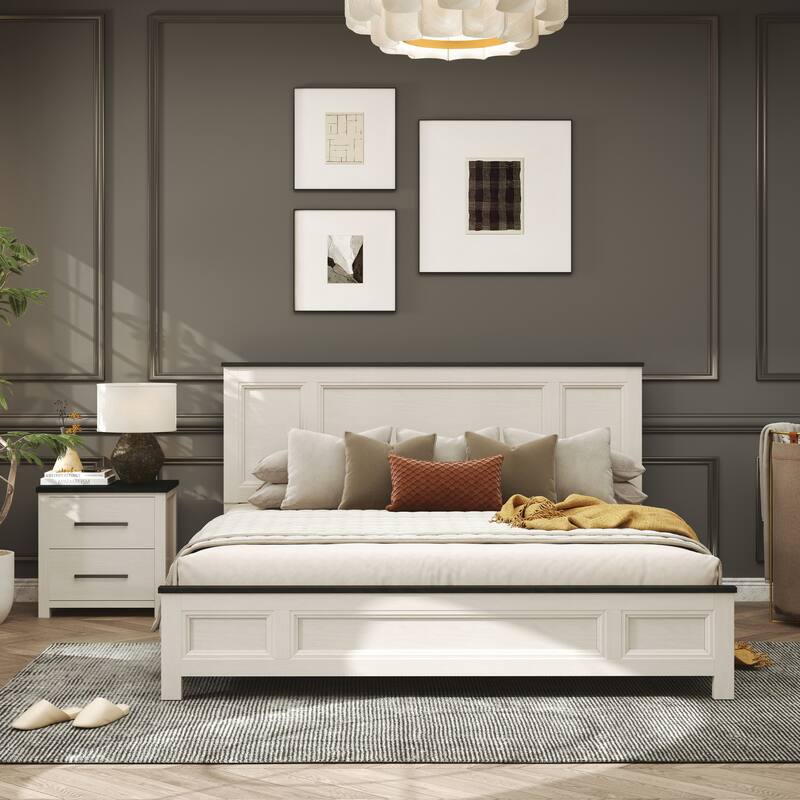 Roundhill Furniture Realynn 5-Piece Wood Bedroom Set, Panel Bed with Dresser, Mirror, Chest, and Nightstand, Off-White Finish