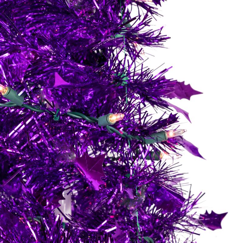 4' Purple Tinsel Pop-Up Artificial Christmas Tree, Clear Lights - 4 Foot