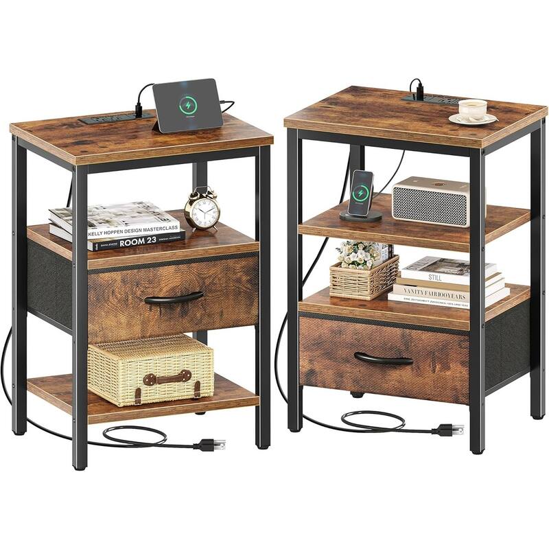 Nightstand Set of 2 Or 1 with Charging Station and USB Ports, Storage End Table with Fabric Drawer, Night Stand for Small Spaces - Brown - 2 Set