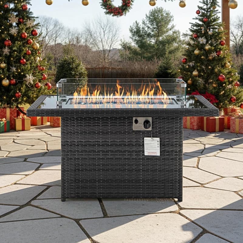 43" Wicker Outdoor Propane Fire Pit Table, 60,000 BTU, Wind Guard