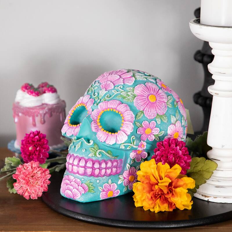 Day of the Dead Skull Coin Bank - 7.75" - Teal Blue and Pink