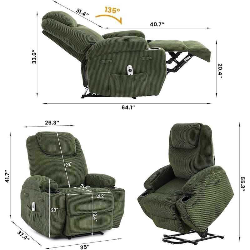 Electric Power Lift Recliner Sofa Chair with Massage, Heat & 155° Recline