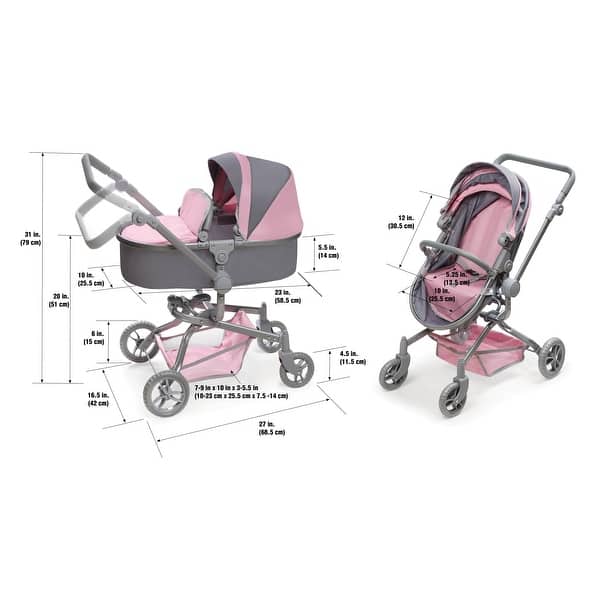 dimension image slide 0 of 2, Badger Basket Daydream Multi-Function Single Doll Pram & Stroller - Gray/Pink