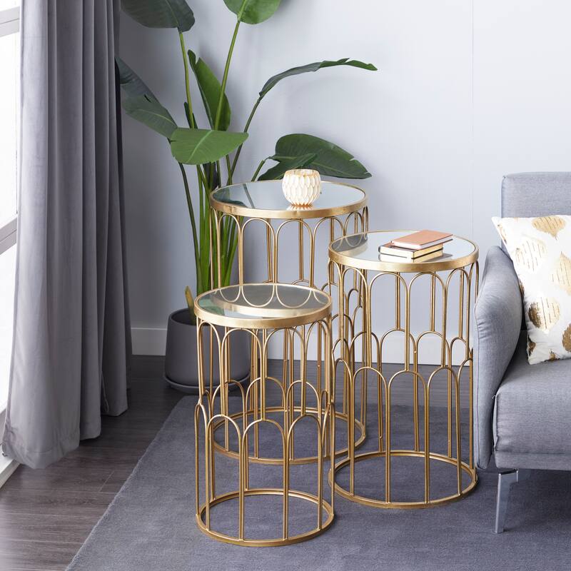 Metal Accent Table with Mirrored Glass Top - Set of 3 Gold - Roche River Decor - 18"Wx18"Lx28"H