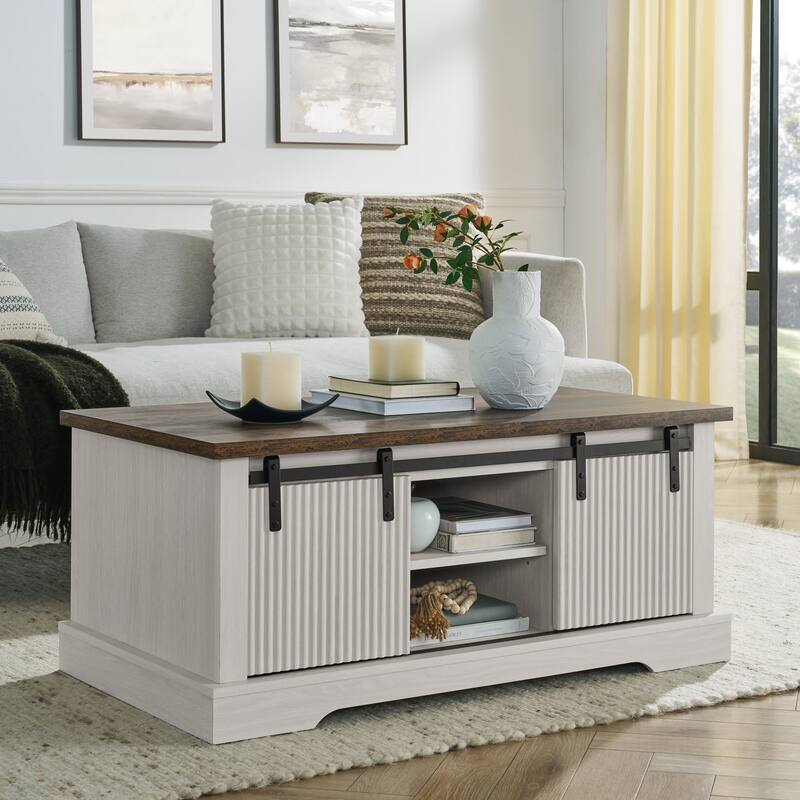 41.3 Inch Coffee Table with Storage and Sliding Wood Door