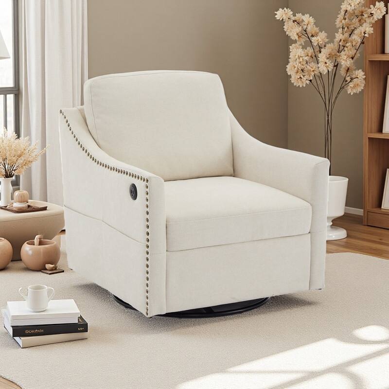 Wood+Fabric 360° Swivel Accent Chair with USB Port and Magazine Pockets - Cream White