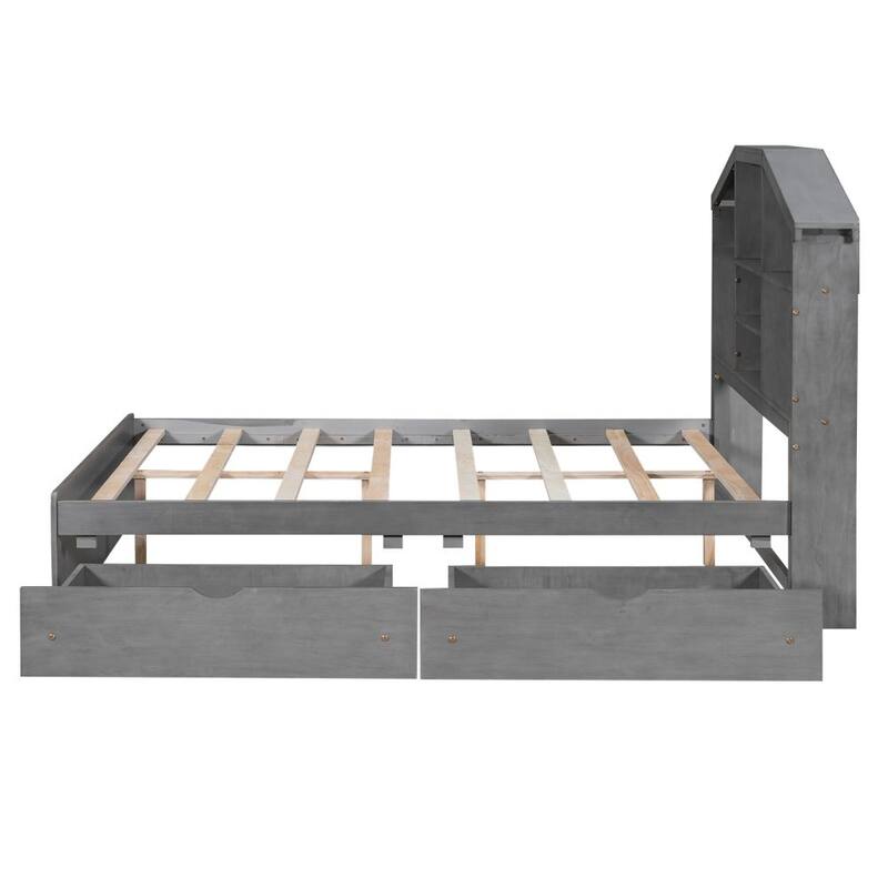 Full Size Wood Platform Bed with House-shaped Storage Headboard and 2 Drawers