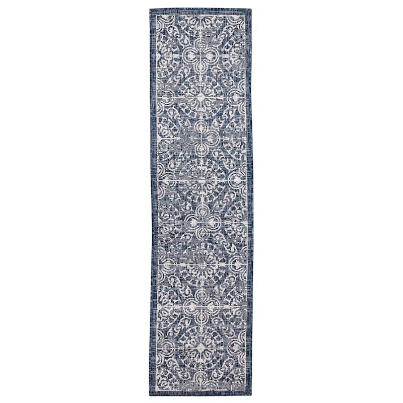Liora Manne Carmel Antique Tile Indoor/Outdoor Rug - 1'11"x7'6" Runner - Navy