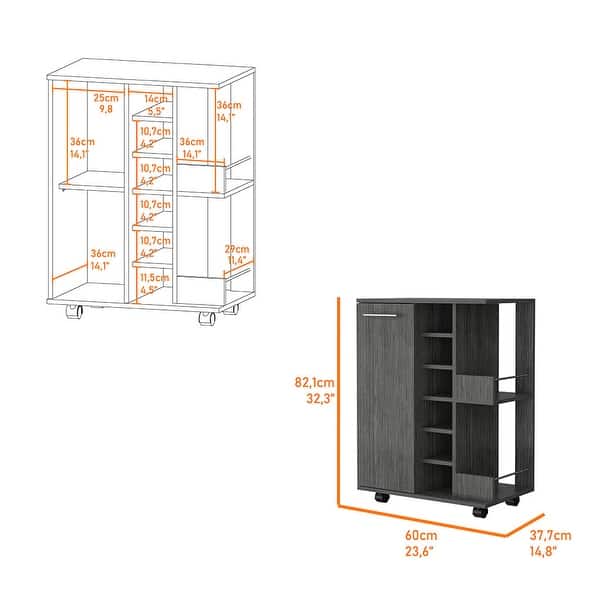 dimension image slide 9 of 11, FM Furniture Tennessee Bar Cart, One Cabinet With Division