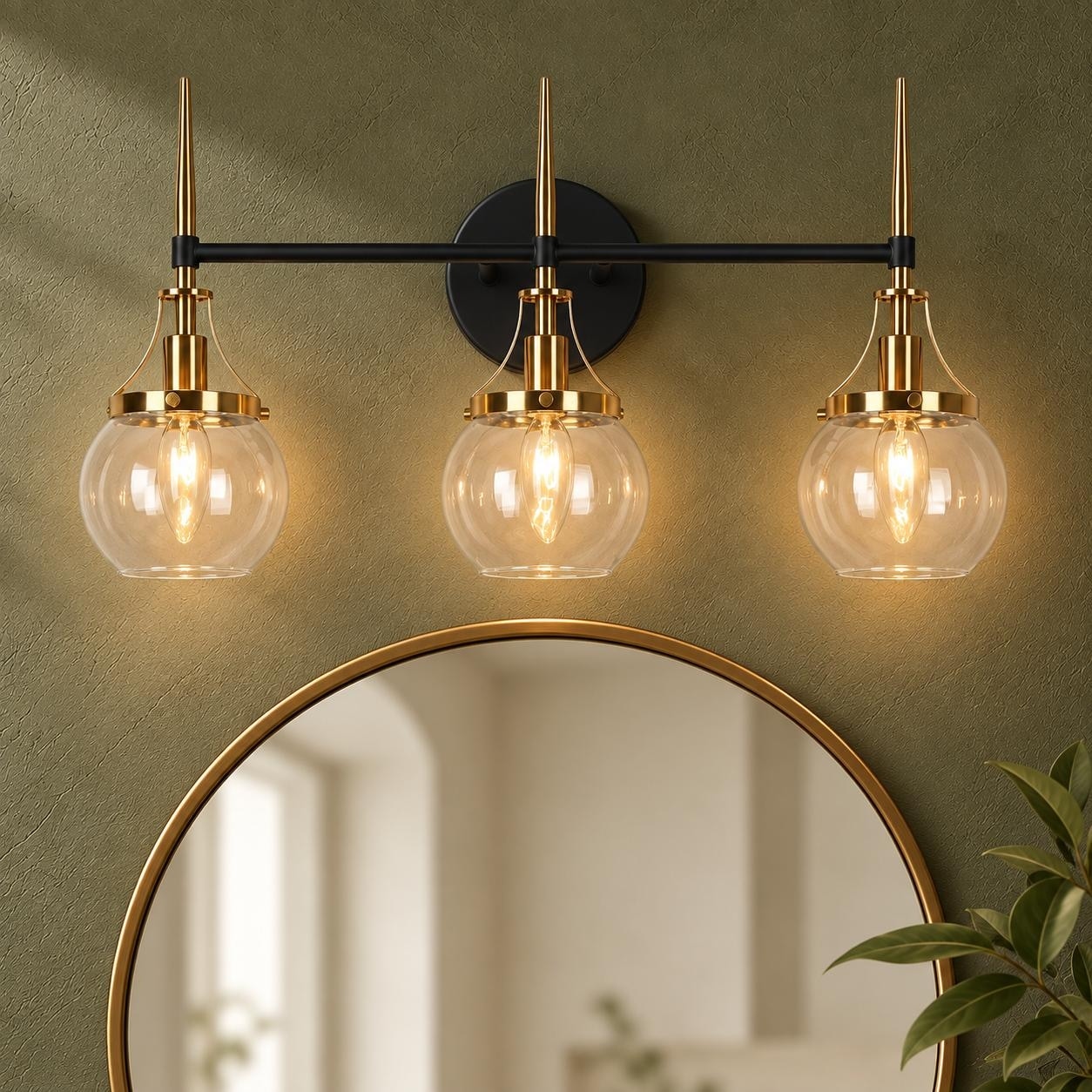 Beta Modern 3-Light Glass Bathroom Vanity Light Black Gold Wall Sconce
