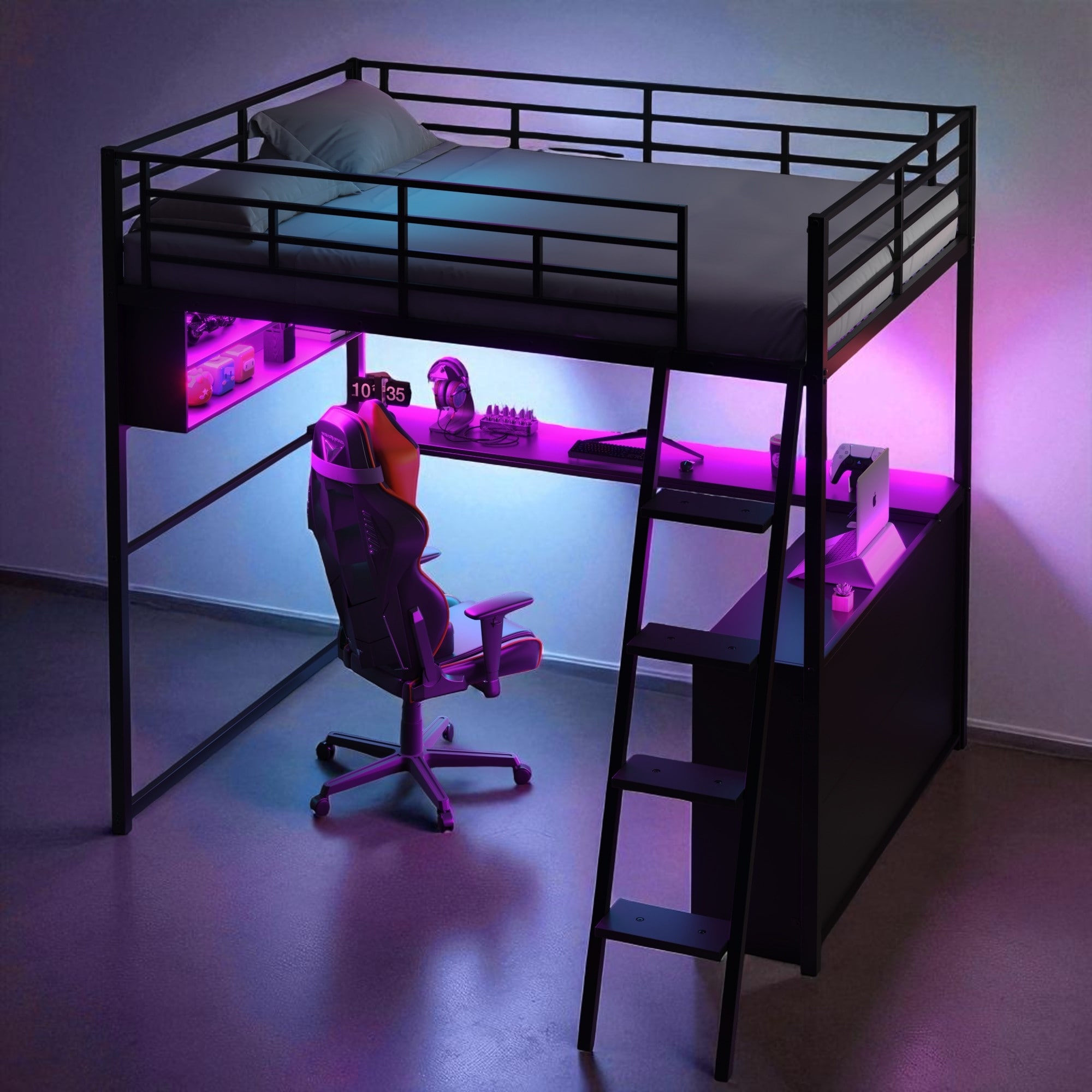 Full Size Metal Loft Bed Frame with LED Light Strips, Desk and 4 Storage Shelves, Space-Saving Design