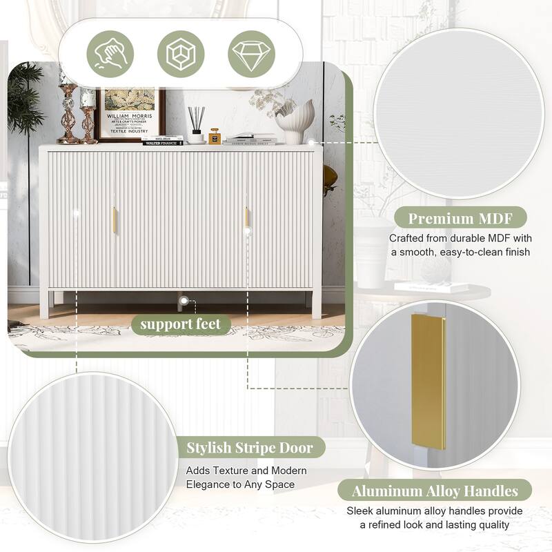 57.5" Modern Stripe Door Storage Cabinet with 4 Doors, Adjustable Shelves, Back-of-Door Racks & Side Hooks
