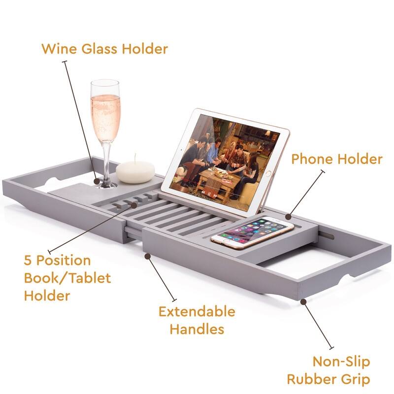 Bambusi Bathtub Caddy Tray with Extending Sides, Reading Stand, Wine Holder and Cellphone Tray