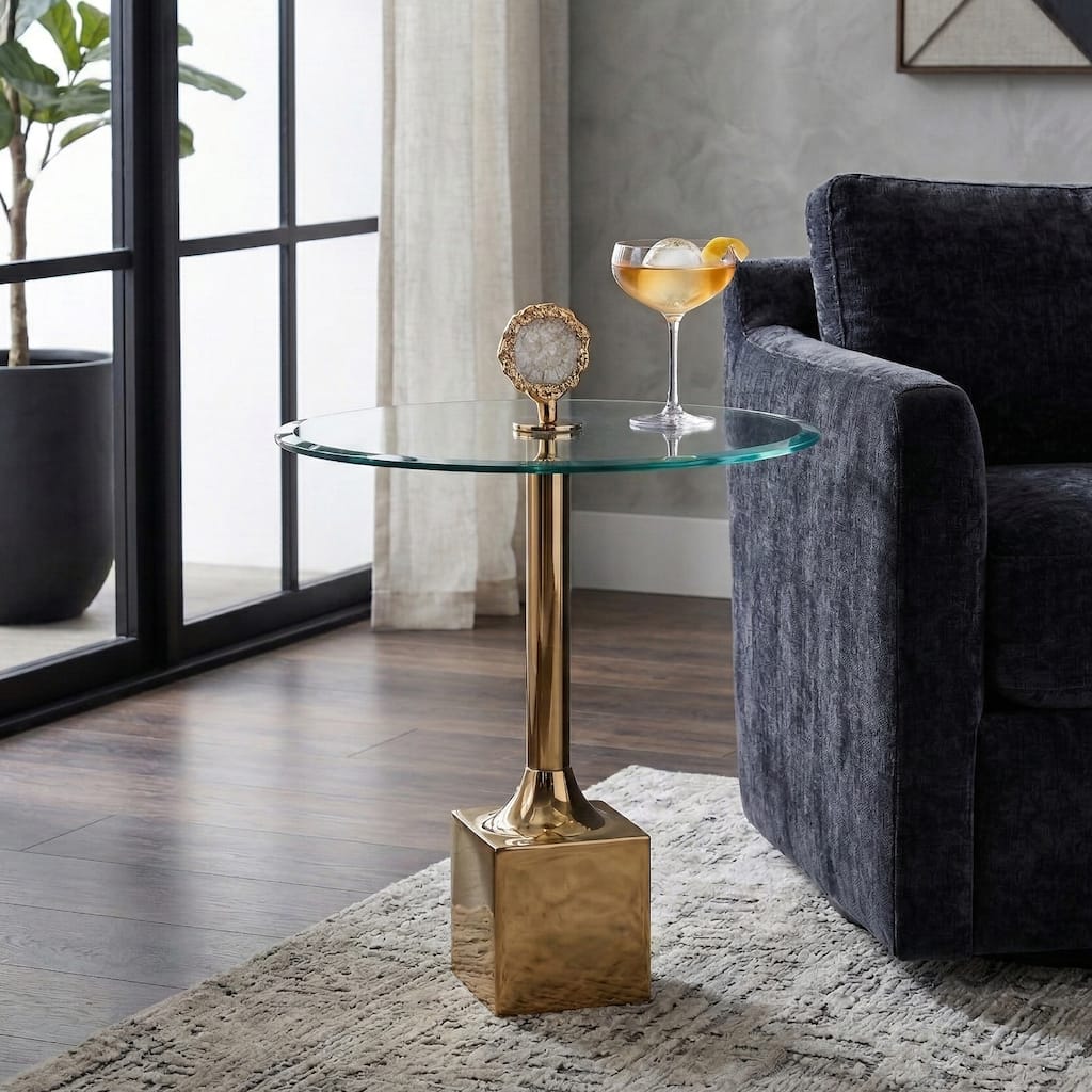 Accent Side Table with Glass Top and Sculptural Base - 23" - 23.0"