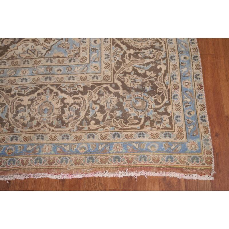 Distressed Traditional Mashad Persian Vintage Handmade Wool Carpet - 8'0"x 11'5"