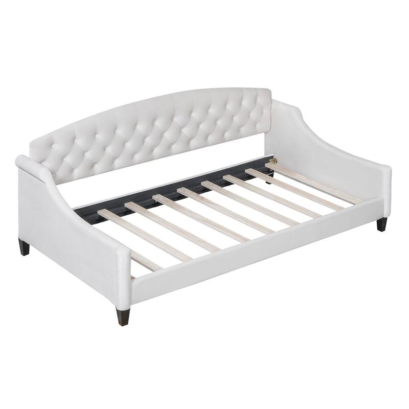 Tufted Button Twin Daybed in Beige - Modern Upholstered Sofa Bed with Wooden Slats