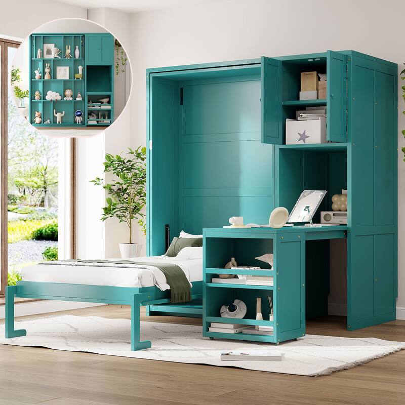 Roomfitters Twin Size Rotating Murphy Bed with Bookshelf, Tall Cabinet and Extendable Desk, Space Saving Sleeper - Teal - Twin