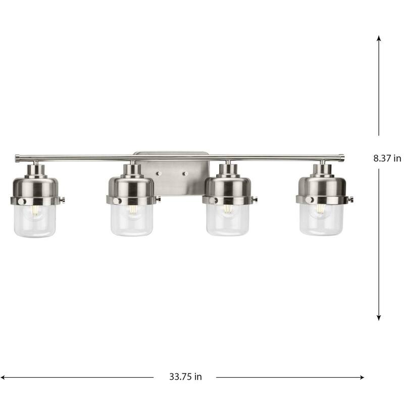 Beckner Collection Four-Light Brushed Nickel Clear Glass Urban Industrial Bath Light - 33.75 in x 6.37 in x 8.37 in