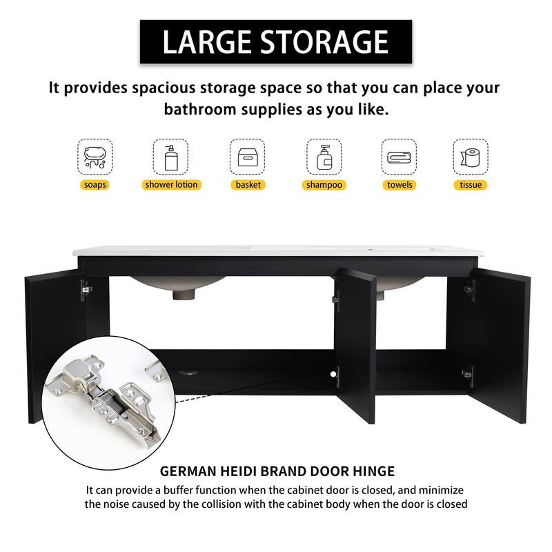 Plywood Wall Mounting Bathroom Vanity Set in Black with Integrated Ceramic Sink